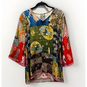 JOHNNY WAS Samantha Blouse Asian Samurai Boho Patchwork Print 3/4 Sleeve Sz S